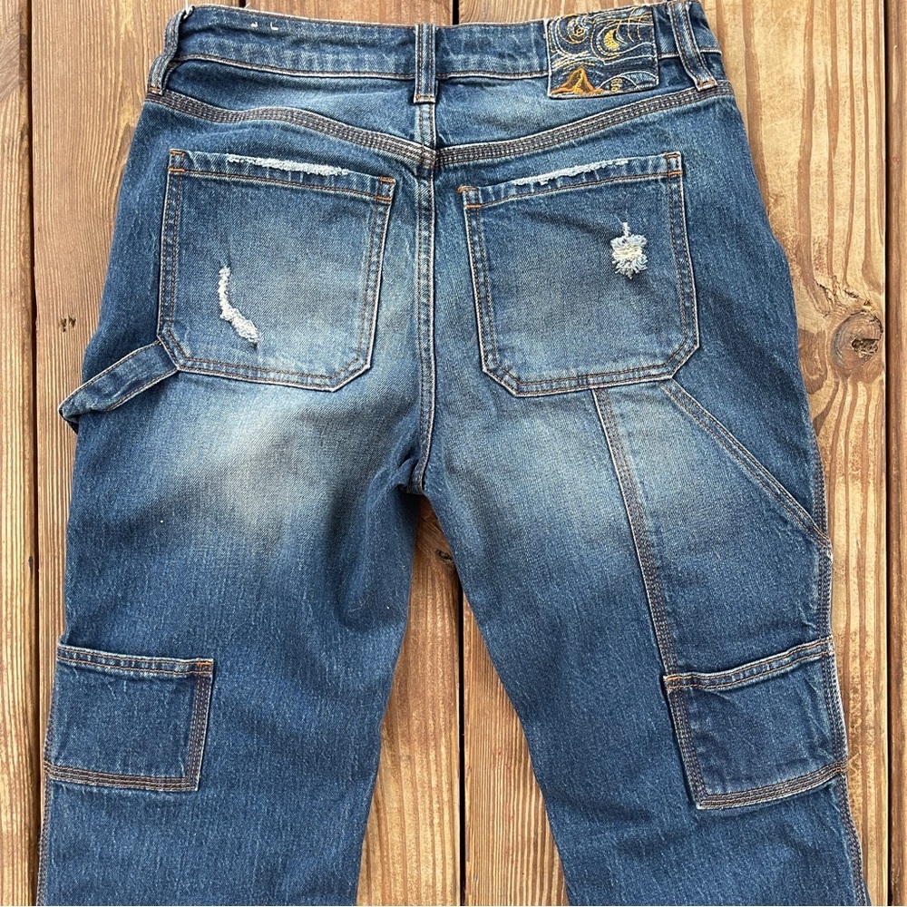 Cleo + Wolf High Rise Straight Carpenter Jeans Distressed Dark Wash 27x32 - Picture 11 of 13
